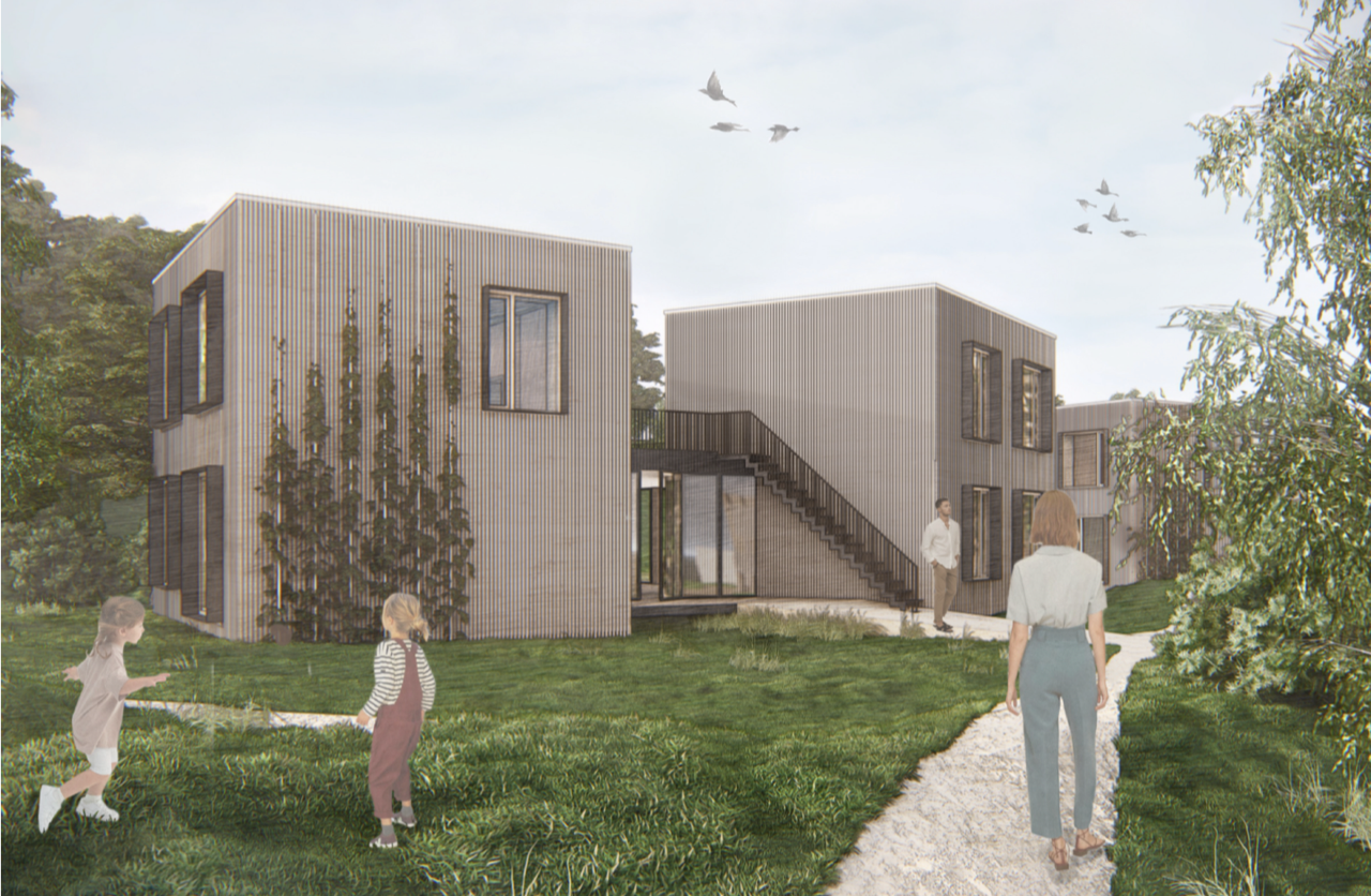 A modern, two-story house with wooden paneling stands near Hochschule Coburg amid a lush, green landscape. A pathway leads to the entrance. A person walks toward the house while two children play on the grass. Birds soar in the cloudy sky above.