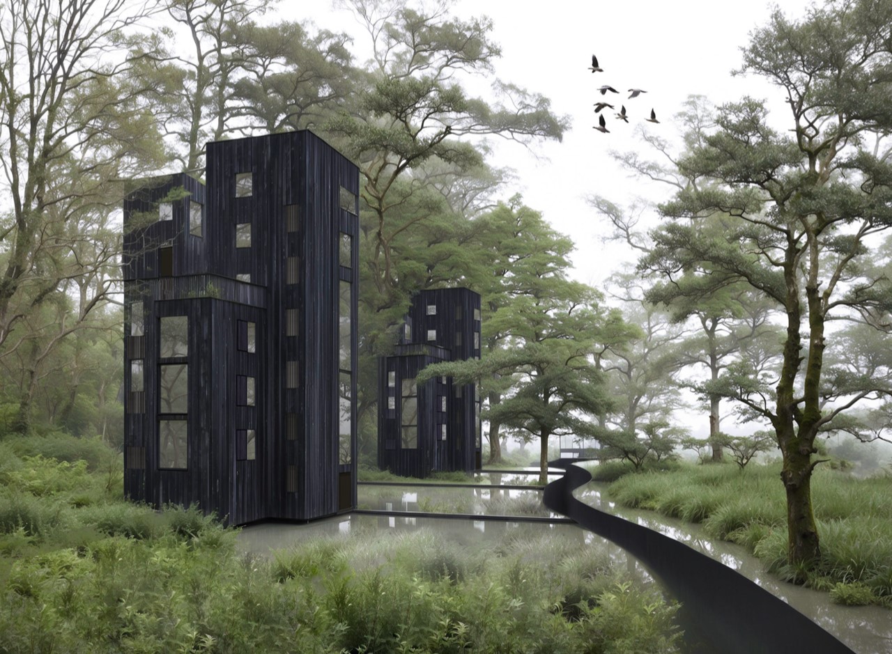 Modern black box-shaped houses, reminiscent of Hochschule Coburg's innovative design, are surrounded by lush greenery and tall trees. A winding pathway leads through the serene scene, with a flock of birds gracing the misty sky in this nature-integrated architectural marvel.