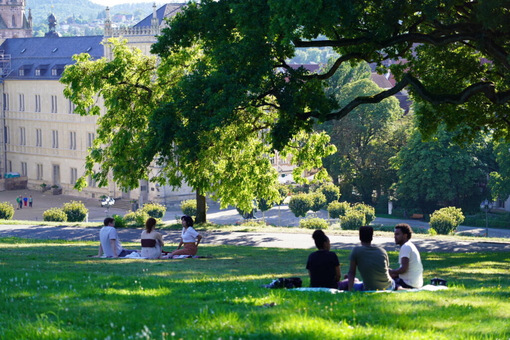 Blick auf den Coburger Schlossplatz im Sonnenuntergang