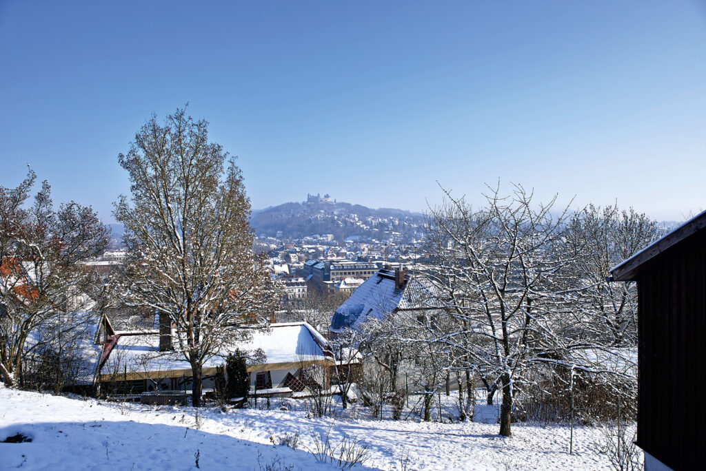 Eine verschneite Landschaft mit schneebedeckten Bäumen und Dächern. In der Ferne ist die Stadt Coburg unter einem klaren blauen Himmel zu sehen. Auf einem Hügel thront eine Burg oder Festung über der Szenerie, die an die malerische Umgebung der Hochschule Coburg erinnert.