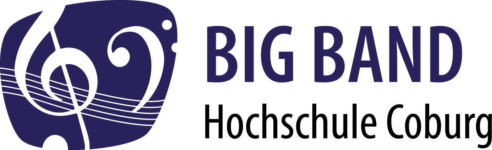 Das Logo der Big Band der Hochschule Coburg zeigt links eine stilisierte violette Musiknote mit dynamischen Linien, ergänzt durch den fettgedruckten Schriftzug „BIG BAND Hochschule Coburg“ rechts.