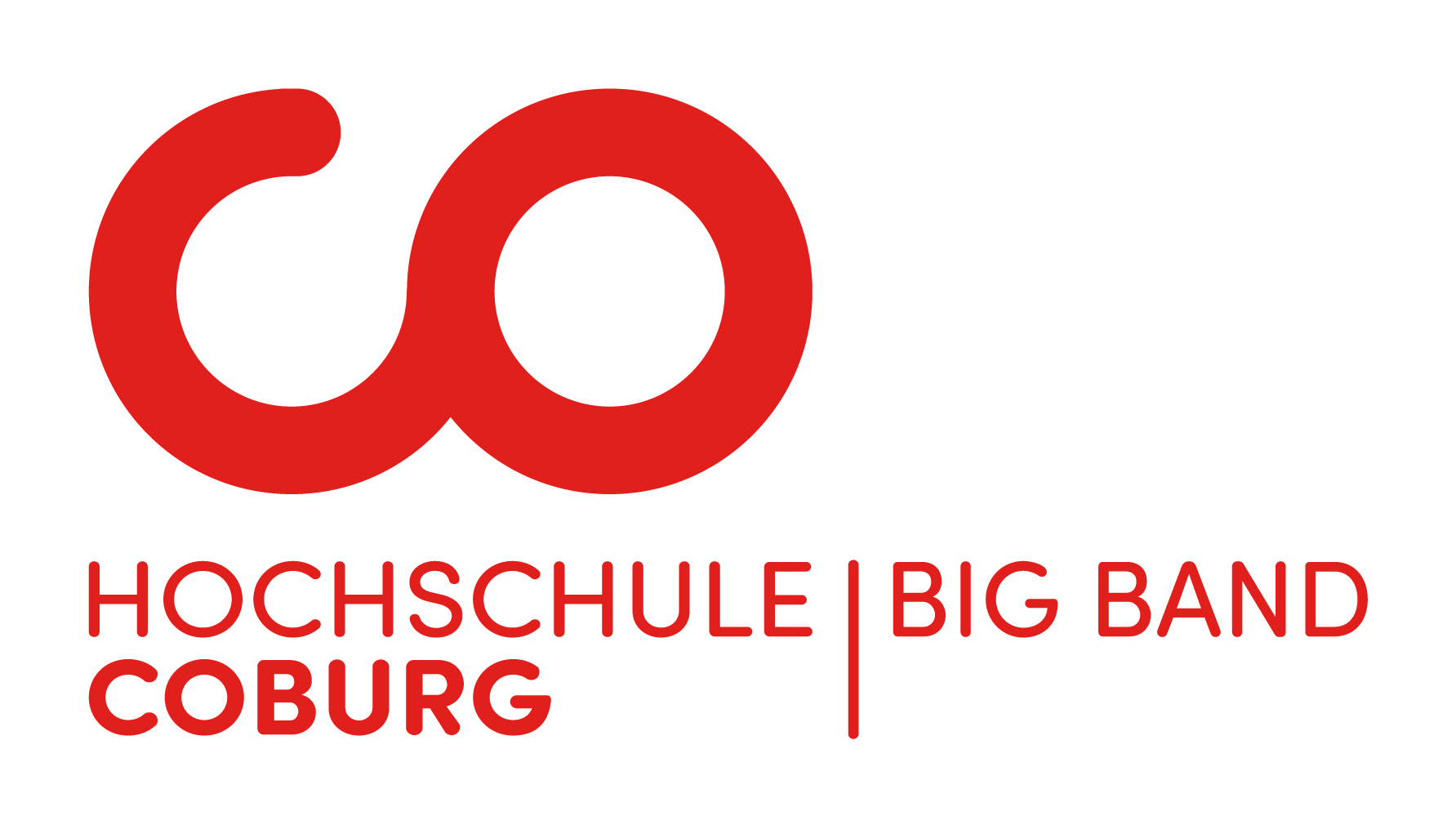 Ein rotes Logo zeigt oben die stilisierten Buchstaben „CO“, darunter steht in eleganter Schrift in passendem Rot „Hochschule Coburg Big Band“.