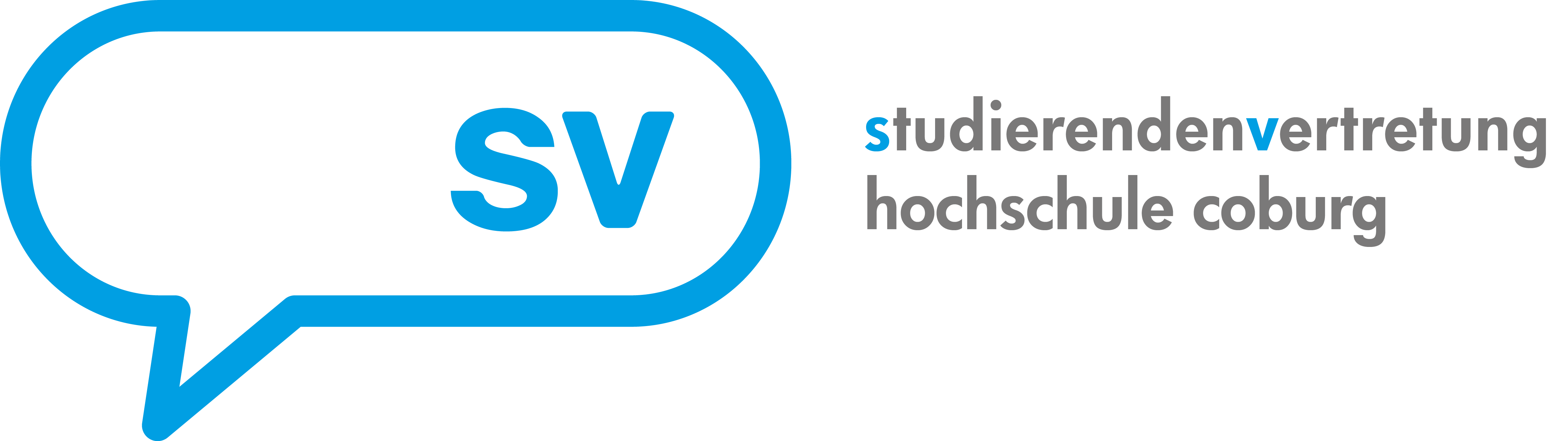 Das Logo der „Studierendenvertretung Hochschule Coburg“ zeigt auf elegante Weise eine blaue Sprechblase mit „SV“ darin, während die Worte „studierendenvertretung hochschule coburg“ in Schwarz und Blau rechts daneben stehen und den Geist der Hochschule Coburg verkörpern.