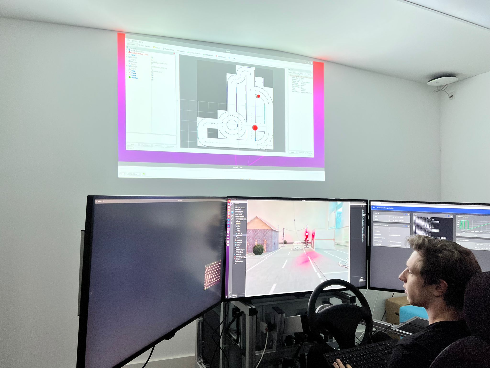 Eine Person sitzt an einem Schreibtisch mit drei Computermonitoren und einem Lenkrad und ist in Innovationen vertieft. Der oberste Monitor zeigt eine Spieleentwicklungsoberfläche der Hochschule Coburg, während die anderen eine 3D-Fahrsimulation zeigen. An die Wand darüber wird ein Projektplan projiziert.