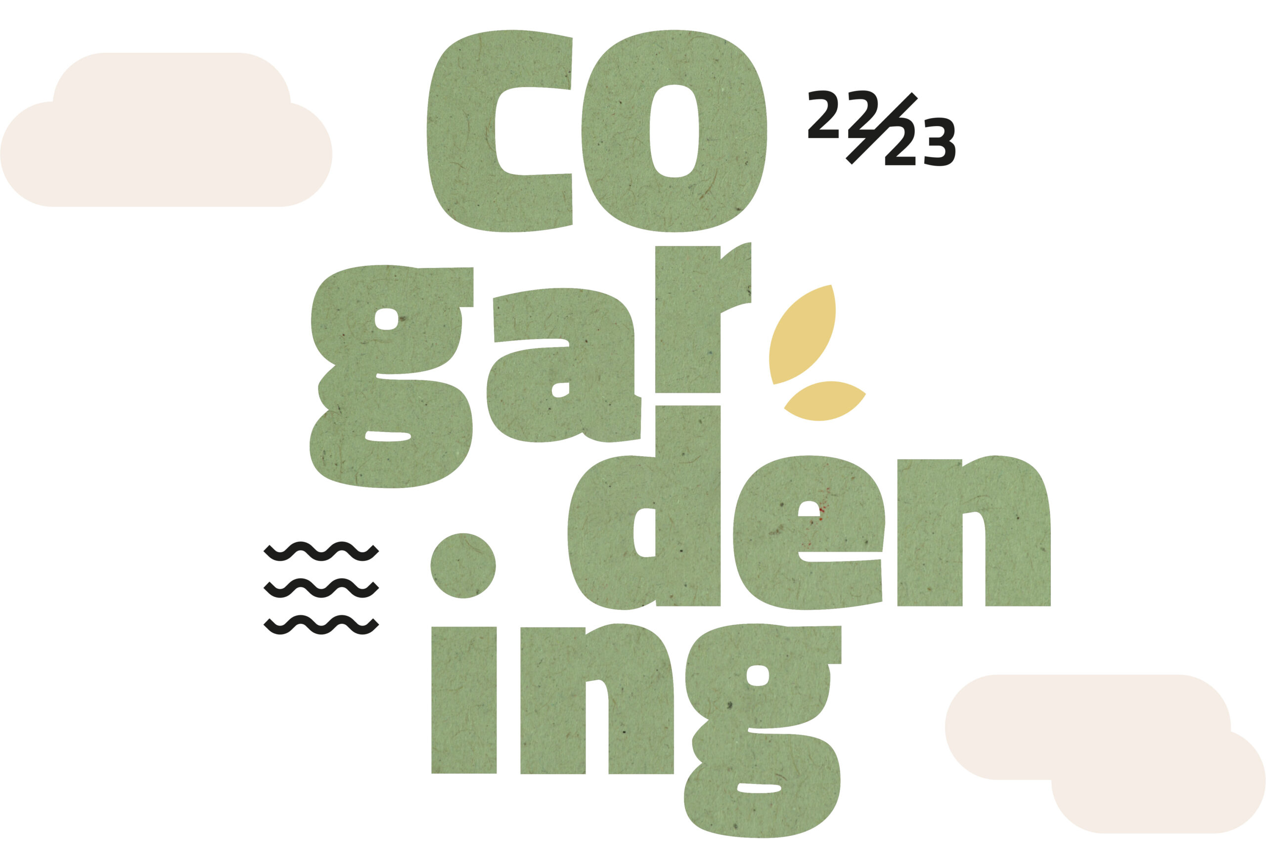 Der Text lautet „Co-gardening 22/23“ in großen grünen Buchstaben mit einem Blattdesign der Hochschule Coburg. Der Hintergrund zeigt abstrakte Wolken und Wellenlinien.