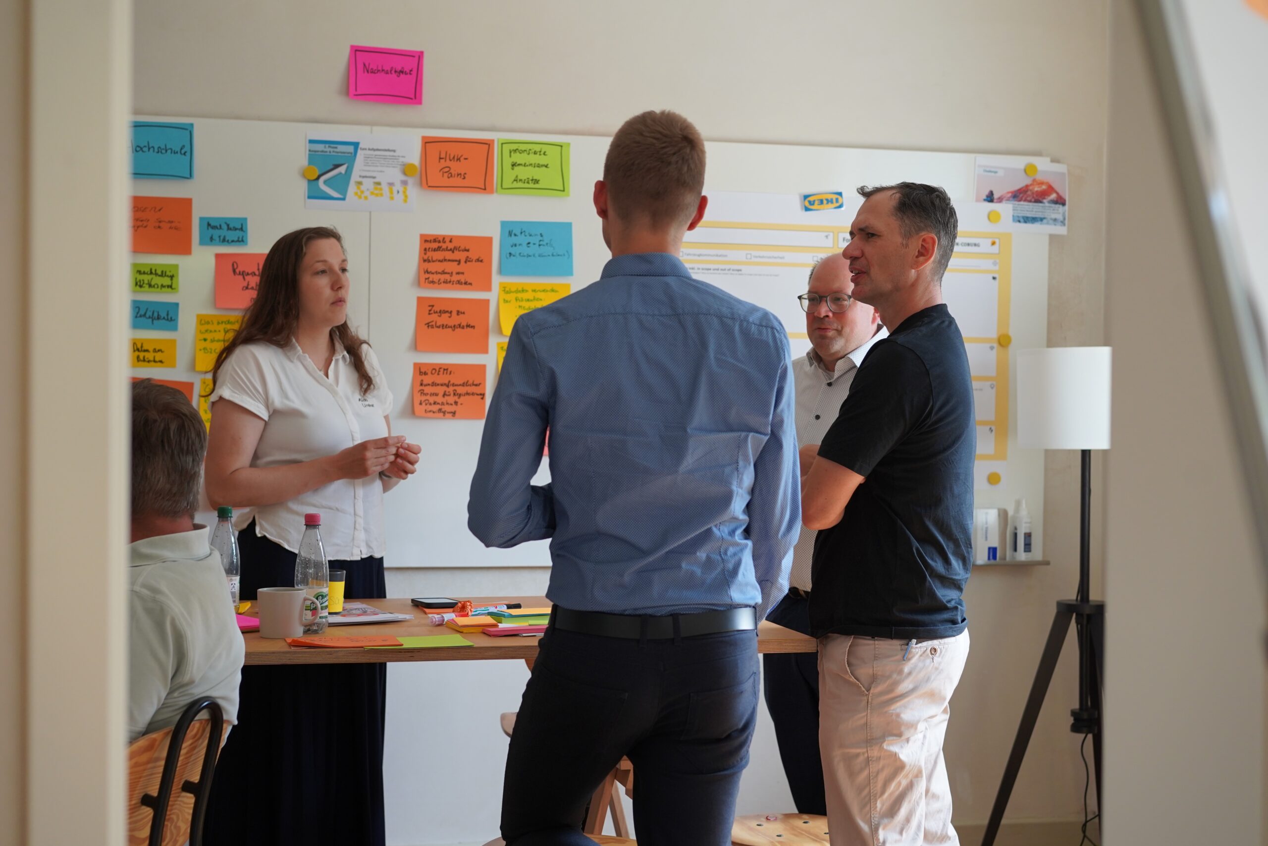 Eine Gruppe von fünf Personen steht und sitzt in einem Konferenzraum der Hochschule Coburg um einen Schreibtisch herum. Auf einem Whiteboard sind bunte Haftnotizen verstreut. Sie sind mittendrin, diskutieren Ideen und arbeiten gemeinsam an einem innovativen Projekt.