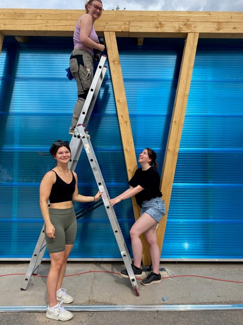 Drei Frauen der Hochschule Coburg lächeln, während sie auf einer Baustelle arbeiten. Eine steht auf einer Leiter und befestigt einen Holzbalken an einer blauen Wand, während die anderen beiden daneben stehen und die Leiter halten. Sie tragen lässige Sommerkleidung und verkörpern Teamarbeit und Lernen in Aktion.