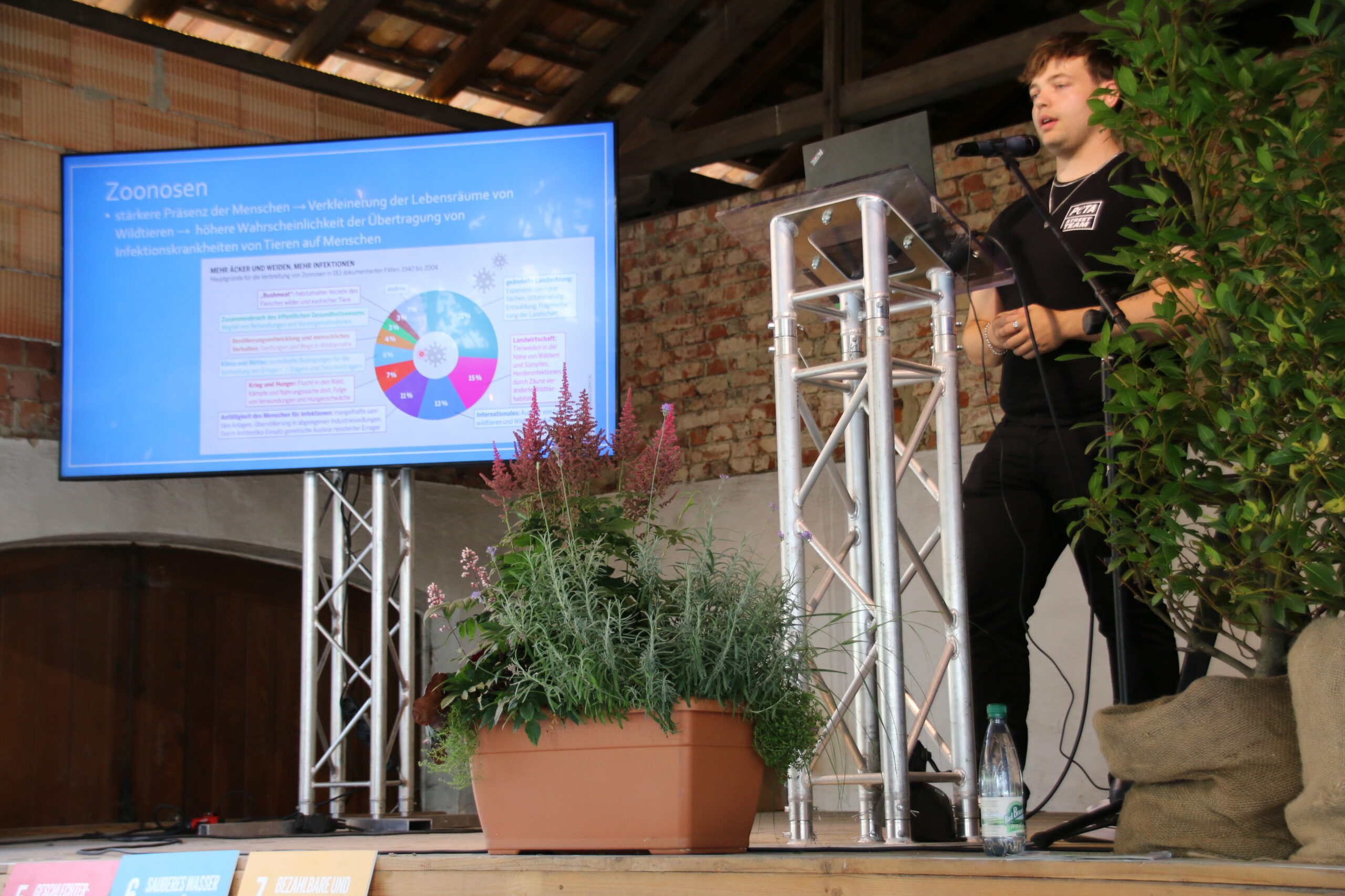 A person stands at a podium on a stage at Hochschule Coburg, speaking into a microphone. A presentation slide about zoonoses is displayed on the screen. Nearby, plants and a bottle of water add a touch of nature amidst the brick wall and wooden beams in the background.