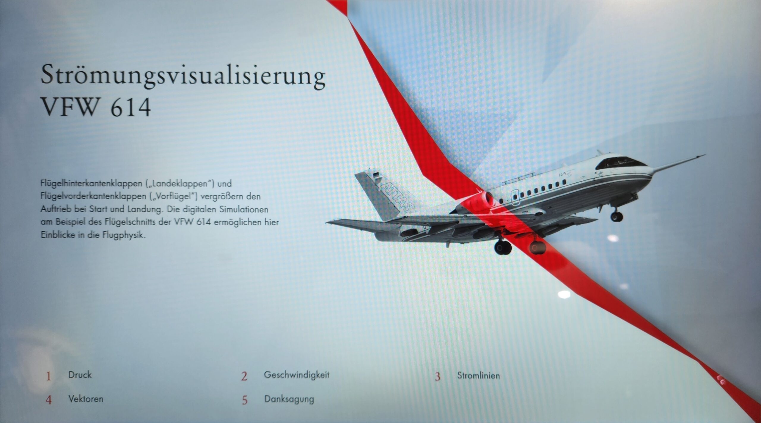 An image illustrating airflow visualization around a VFW 614 aircraft by Hochschule Coburg. The graphic shows red ribbons representing air currents. Below are listed factors: pressure, speed, vectors, streamlines, and thought processes in German.