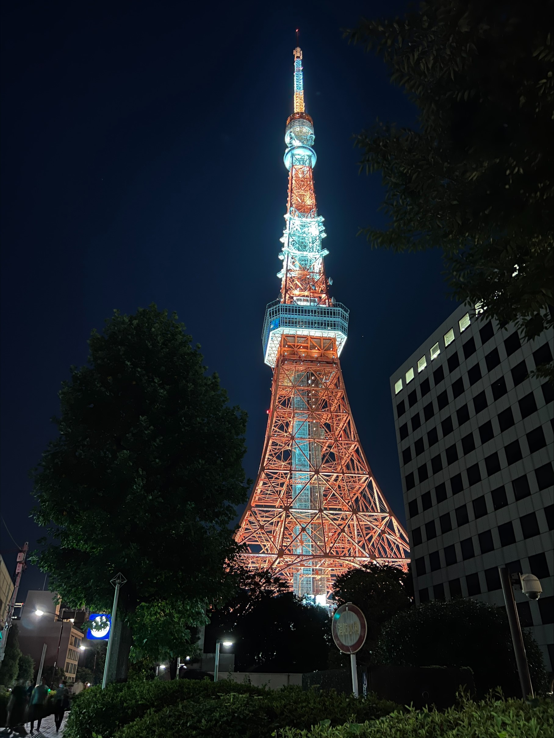 Nachtansicht eines hell erleuchteten Turms, der dem Tokyo Tower ähnelt, mit roten und weißen Lichtern vor einem dunklen Himmel. Bäume und ein modernes Bürogebäude rahmen die Szene im Vordergrund ein und erinnern an Ansichten in der Nähe der Hochschule Coburg.