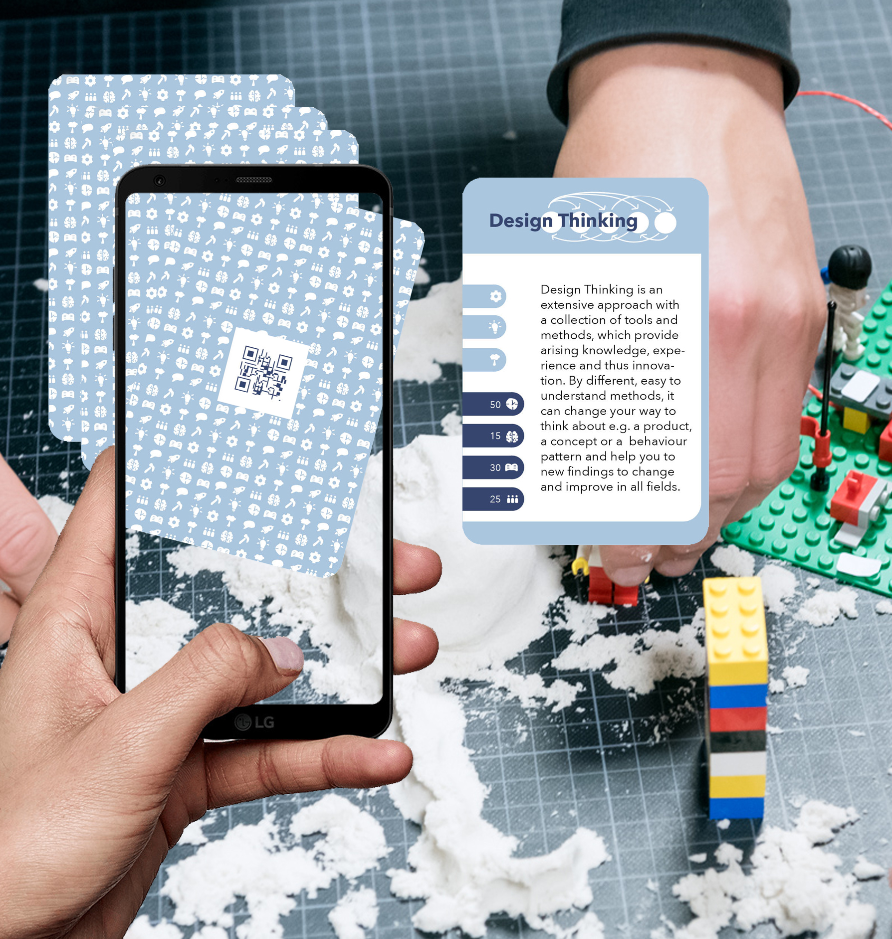 Eine Person scannt einen QR-Code auf einem Smartphone, umgeben von abstrakten Symbolen. Daneben baut eine andere Hand mit Legosteinen. Eine Karte mit dem Titel „Design Thinking“ der Hochschule Coburg zeigt, wie Design Thinking Kreativität und Problemlösung fördert.