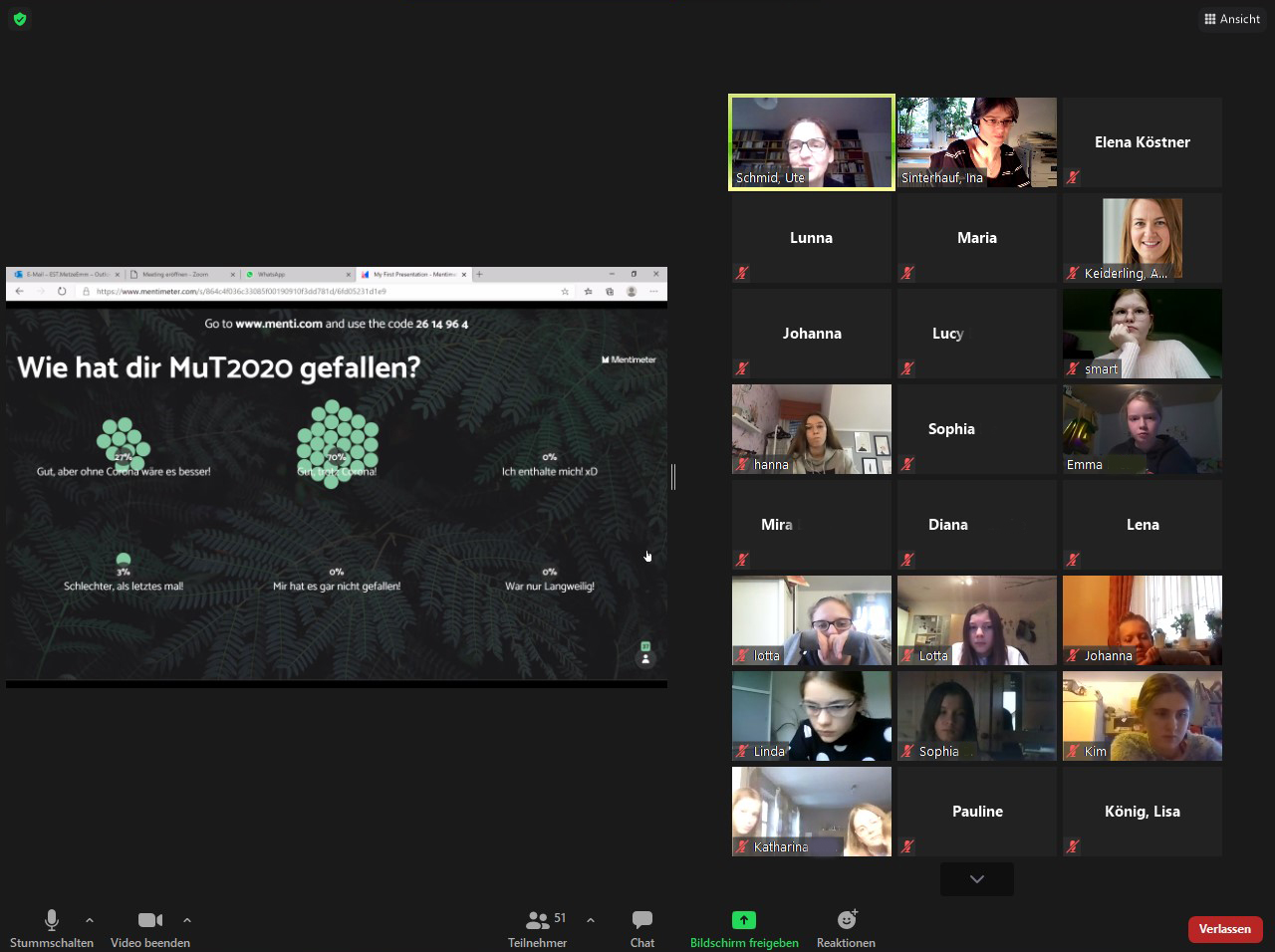 Ein Screenshot zeigt ein lebhaftes virtuelles Meeting mit zahlreichen Teilnehmern und zeigt deren Video-Feeds. Auf dem freigegebenen Bildschirm wird in einer Umfrage auf Deutsch um Feedback zu „Mut2020“ gebeten und es gibt Antwortmöglichkeiten. Diese interaktive Sitzung ist Teil des dynamischen Ansatzes der Hochschule Coburg zur Online-Beteiligung.