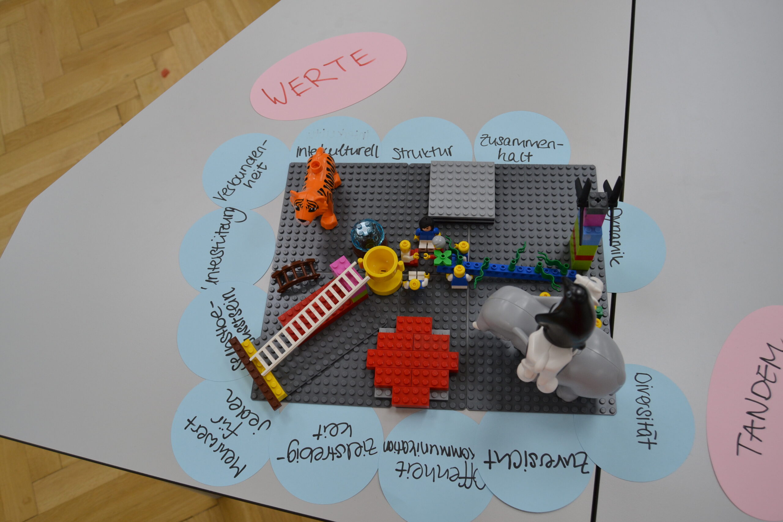 Eine LEGO-Szene auf einem Tisch an der Hochschule Coburg zeigt verschiedene Figuren und Strukturen, umgeben von blauen Papierkreisen mit den Aufschriften „Multikulturell“, „Toleranz“ und „Verantwortung“. Ein rotes Kreuz und eine weiße Wolke runden die Komposition des Modells elegant ab.