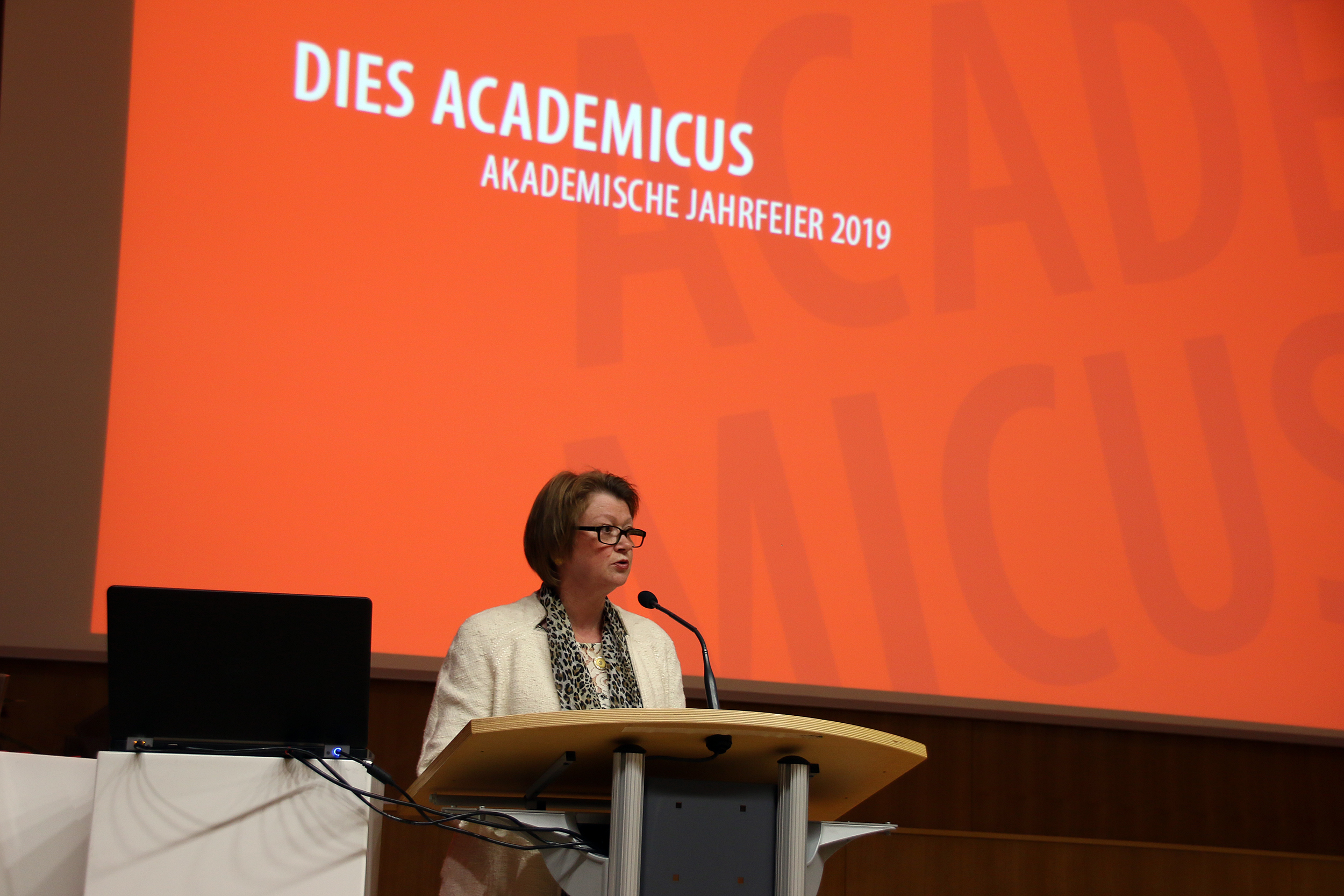 Eine Person steht am Podium und hält eine Rede während der Dies Academicus-Veranstaltung an der Hochschule Coburg. Hinter ihr ist auf einer großen roten Leinwand „AKADEMISCHE JAHRFEIER 2019“ zu sehen.