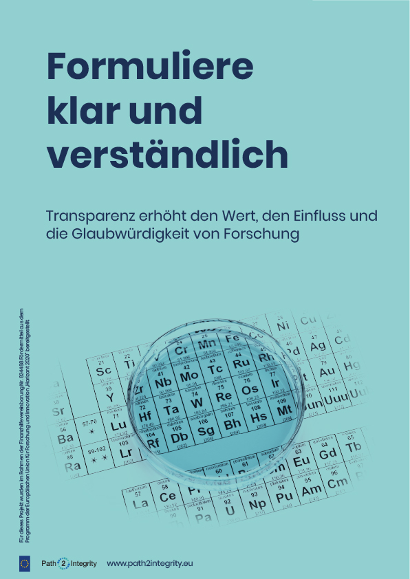 Auf einem Poster, das eine Petrischale auf einem Periodensystem zeigt, sind die Worte „Formuliere klar und verständlich“ und „Transparenz erhöht den Wert, den Einfluss und die Glaubwürdigkeit von Forschung“ zu lesen. Unten ist das Logo der Hochschule Coburg prominent zu sehen.