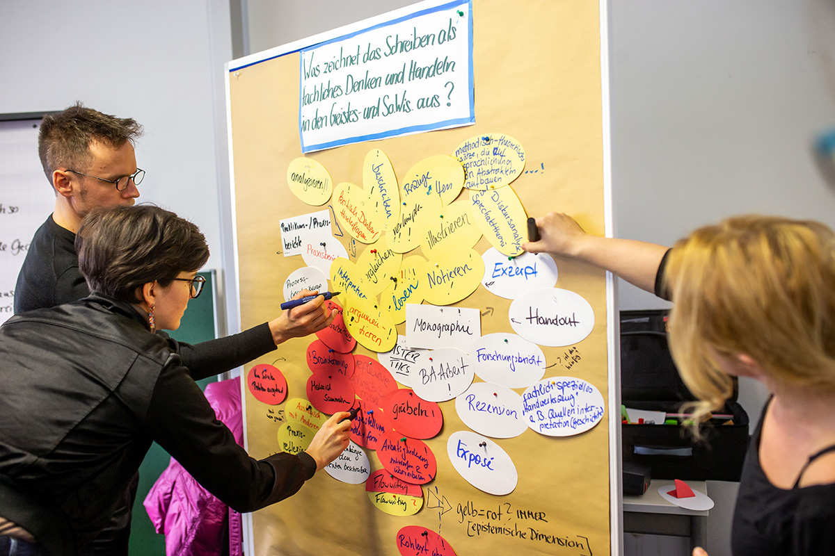 Drei Personen ordnen gemeinsam bunte Papierformen mit handschriftlichen Notizen auf einer großen Tafel in einem Hörsaal der Hochschule Coburg an. Ein Schild darüber stellt eine Frage auf Deutsch und lädt zu einem spannenden Brainstorming oder einer Planungssitzung ein.