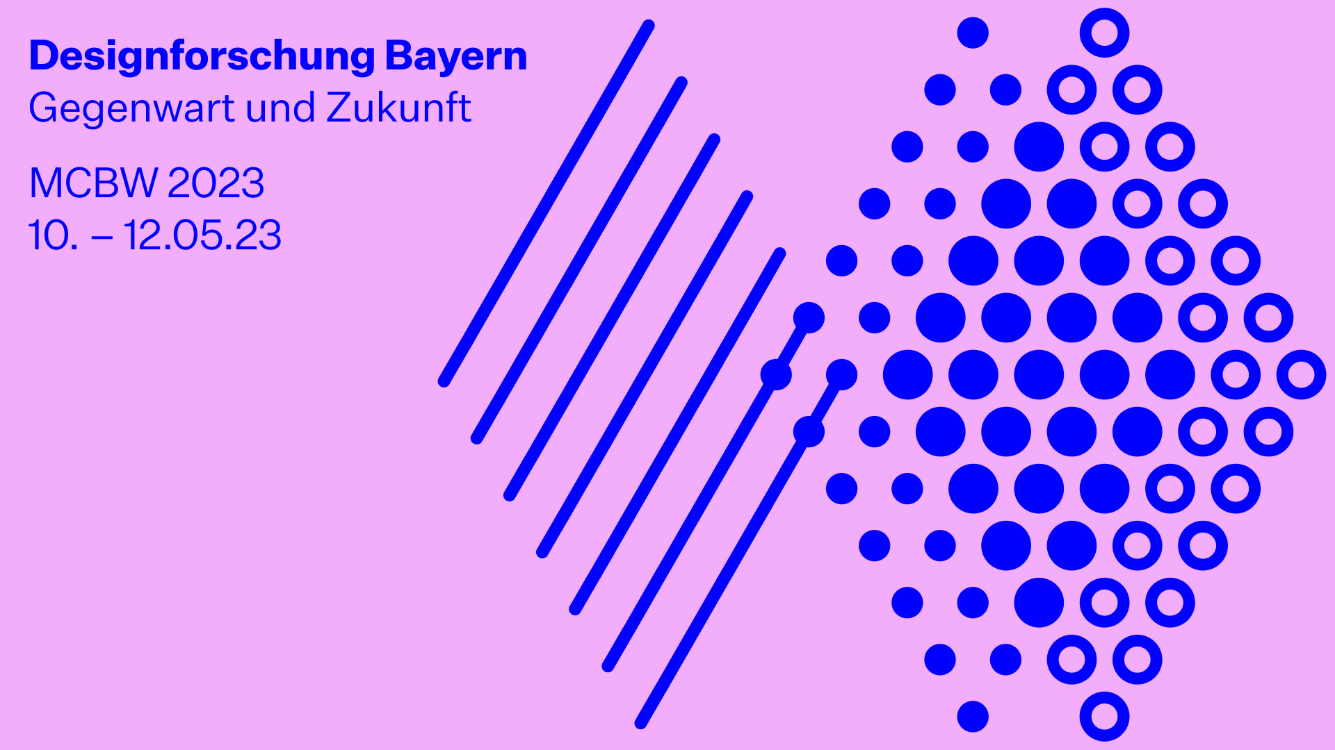 Eine rosafarbene Grafik mit blauen Punkten und Linien mit den Überschriften „Designforschung Bayern: Gegenwart und Zukunft“ und „MCBW 2023“ sowie den Daten „10. – 12.05.23“ auf der linken Seite hebt die Beteiligung der Hochschule Coburg an dieser innovativen Veranstaltung hervor.