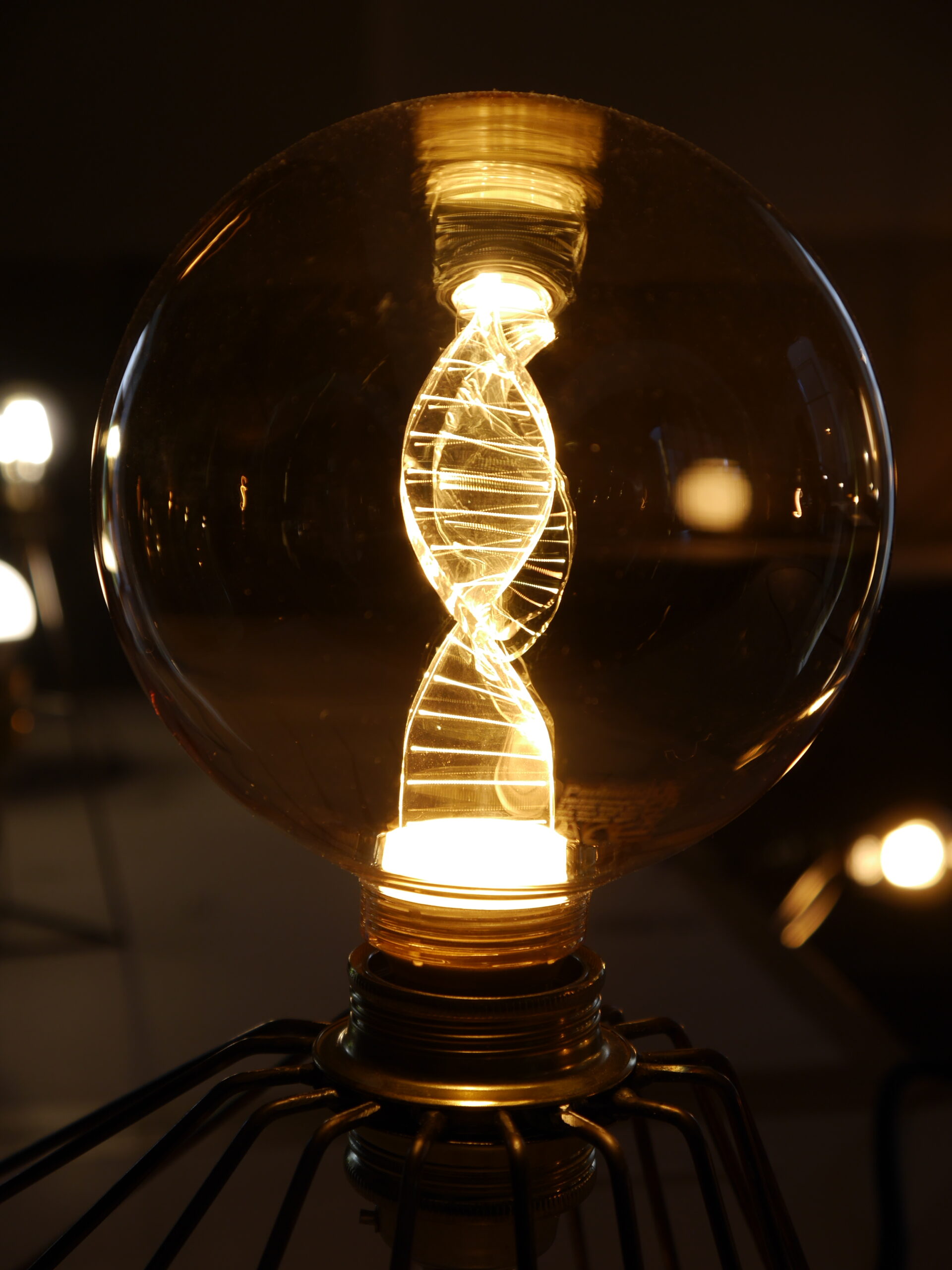 A glowing light bulb with a filament shaped like a DNA helix casts a warm glow in a dimly lit room at Hochschule Coburg. The bulb is mounted on a metallic stand, surrounded by blurred lights that create an atmospheric backdrop.