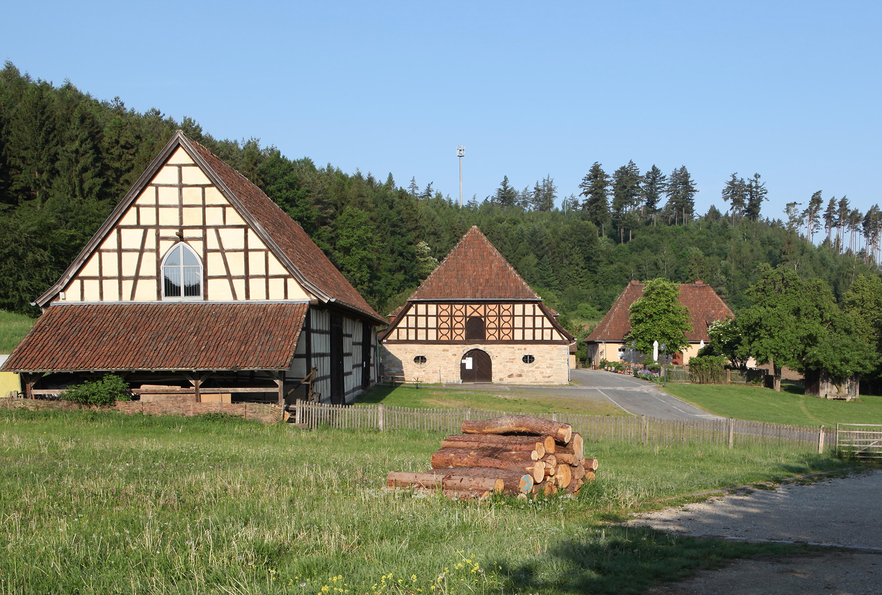 Eine ländliche Szene zeigt traditionelle Fachwerkhäuser mit steilen Dächern, umgeben von üppigem Gras und dichten Bäumen. Im Vordergrund liegt ein Stapel geschnittener Baumstämme unter einem klaren blauen Himmel, während sich eine schmale Straße in Richtung des Dorfes in der Nähe der ruhigen Landschaft der Hochschule Coburg schlängelt.