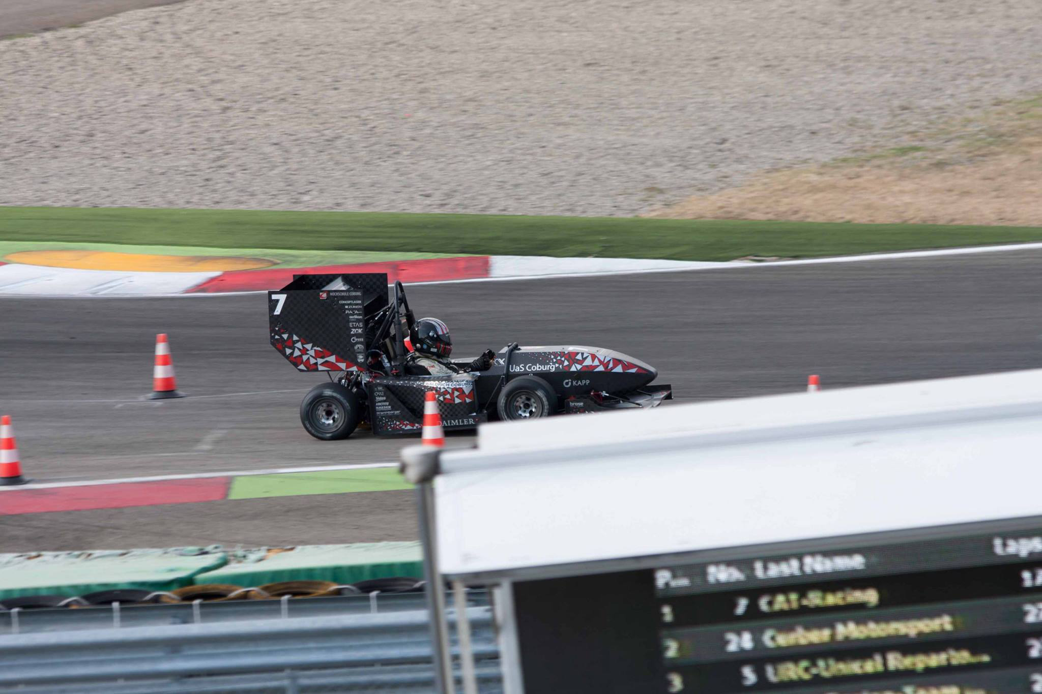 Ein Formel-Rennwagen, geschmückt mit Aufklebern der Hochschule Coburg, rast bei einem Autorennen über die Strecke. Das schnittige schwarze Fahrzeug hat einen großen Heckflügel. Im Hintergrund sind orangefarbene Verkehrsleitkegel zu sehen, während im Vordergrund eine Anzeigetafel teilweise zu erkennen ist.