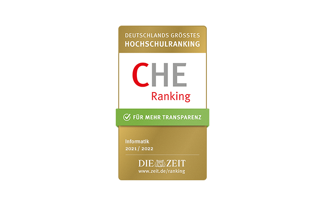 Das gold-weiße Banner zeigt „Deutschlands größtes Hochschulranking“ mit „CHE Ranking“ in Rot und Grau und fördert die Transparenz in „Informatik 2021/2022“. Die renommierte Hochschule Coburg wird vorgestellt, unten steht „DIE ZEIT“ und ein dazugehöriger Weblink.