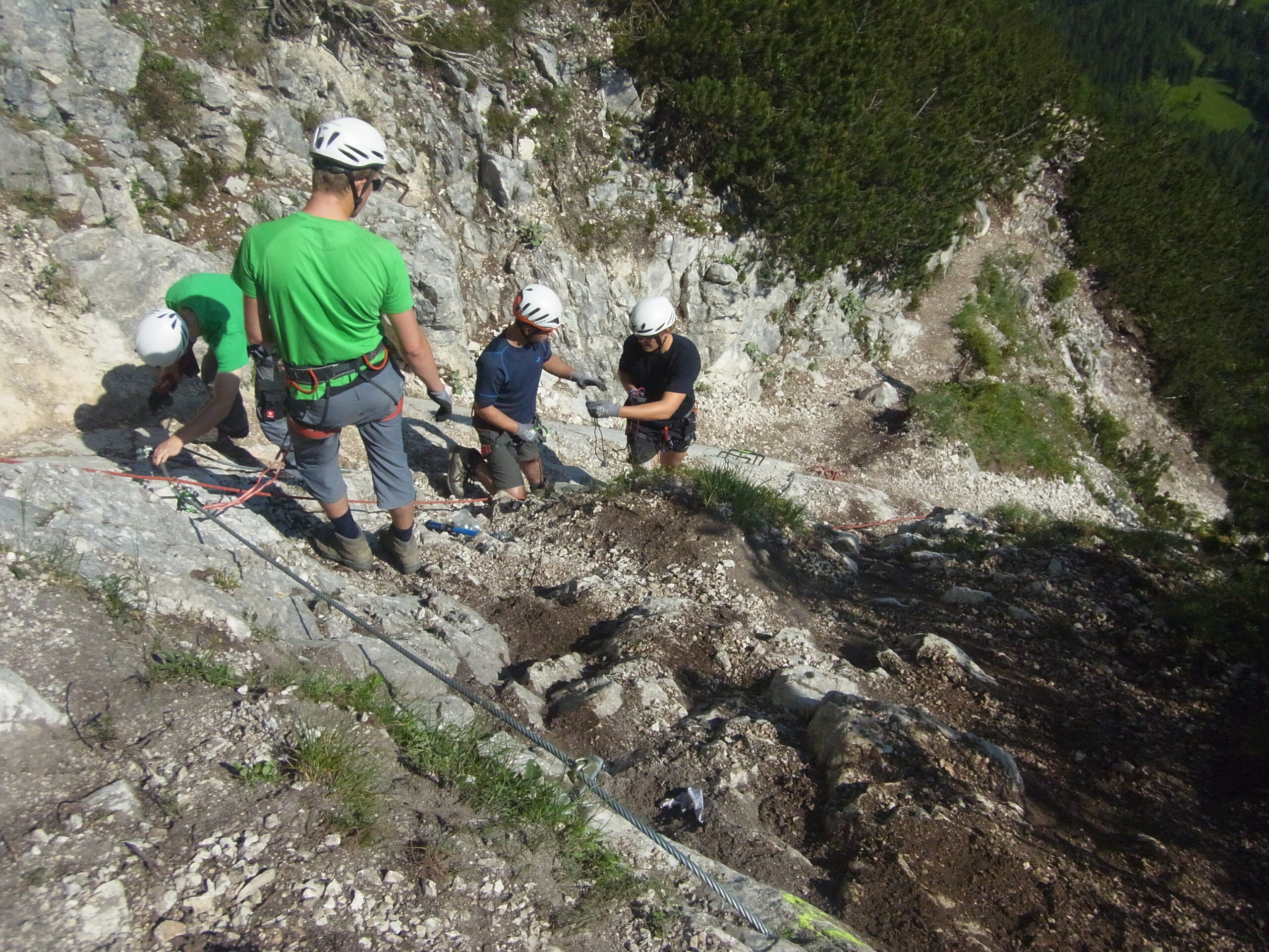 Vier Kletterer, die Helme und Klettergurte mit dem Logo der Hochschule Coburg tragen, navigieren mithilfe von Seilen einen felsigen Bergpfad. Sie bleiben konzentriert und arbeiten als Team unter dem sonnigen Himmel, während im Hintergrund die üppige Vegetation zu sehen ist.