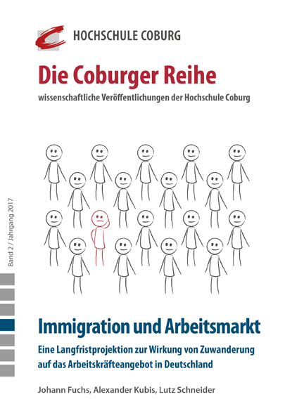 Das Cover von „Die Coburger Reihe“ der Hochschule Coburg zeigt prominent Strichmännchen in verschiedenen Haar- und Kleidungsfarben unter dem Titel „Einwanderung und Arbeitsmarkt“ mit den Autoren Johann Fuchs, Alexander Kubis und Lutz Schneider.