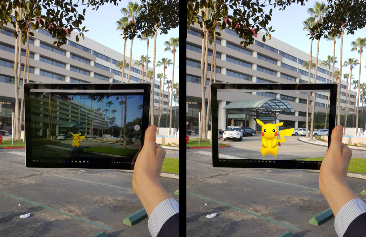 Eine Person hält ein Tablet im Freien und enthüllt eine Augmented-Reality-Szene an der Hochschule Coburg. Auf dem Tablet erscheint ein Pikachu vor einem modernen Gebäude mit wedelnden Palmen im Hintergrund. Das Pikachu wird auf dem Tablet aus verschiedenen Blickwinkeln angezeigt und bringt virtuellen Spaß in das Campusleben.