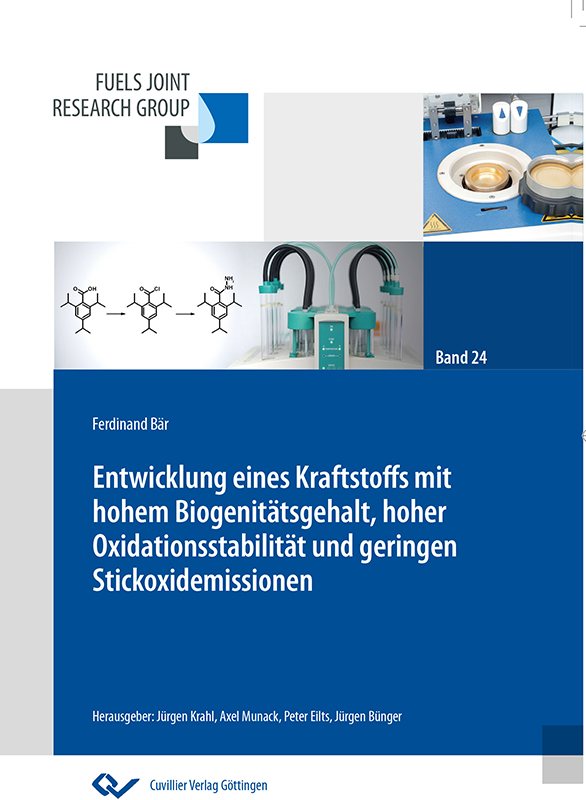 Cover einer Forschungspublikation mit dem Titel „Entwicklung eines Kraftstoffs mit hohem Biogenitätsgehalt, hoher Oxidationsstabilität und geringen Stickoxidmissionen“ mit wissenschaftlichem Bildmaterial zu Kraftstoffen und Laborgeräten der Hochschule Coburg.