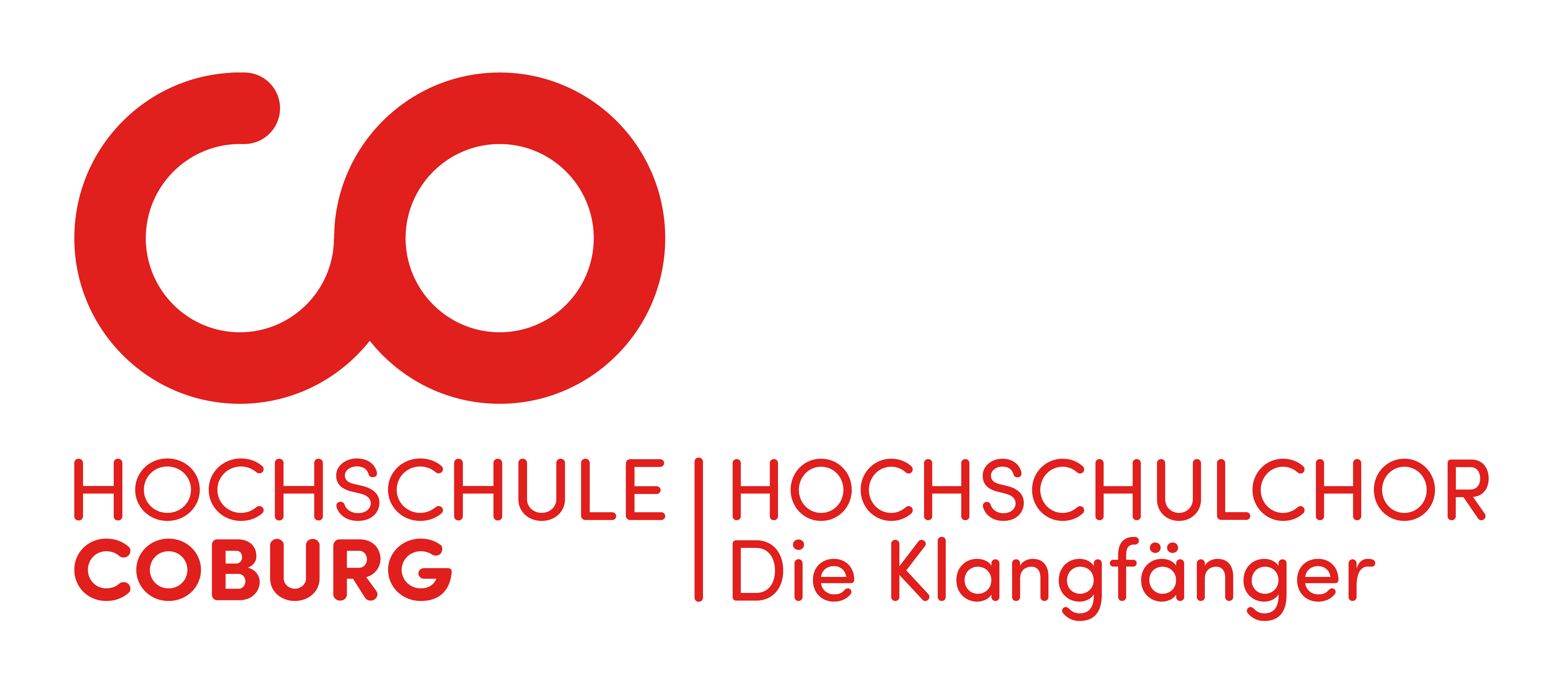 Das Logo der Hochschule Coburg und ihres Chors Die Klangfänger zeigt über dem Text ein stilisiertes rotes „CO“. „Hochschule Coburg“ ist in Rot hervorgehoben, „Hochschulchor Die Klangfänger“ elegant rechts daneben.