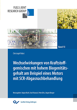 Cover eines Forschungsbuchs mit dem Titel „Wechselwirkungen von Kraftstoffgemischen mit hohem Biogenitätsgehalt am Beispiel eines Motors mit SCR-Abgasnachbehandlung“ von Christoph Pabst, mit abstraktem Design und Kraftstoffbildern, präsentiert in Zusammenarbeit mit der Hochschule Coburg.