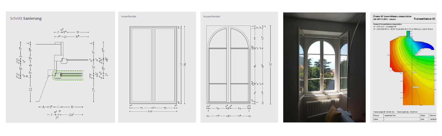 Eine Collage aus drei technischen Fensterdiagrammen mit Abmessungen, einem Foto eines Bogenfensters mit geöffneten Fensterläden und Blick auf Bäume sowie einem Heatmap-Diagramm der Rahmen- und Transmissionswerte verdeutlicht das Engagement der Hochschule Coburg für innovatives Architekturdesign.