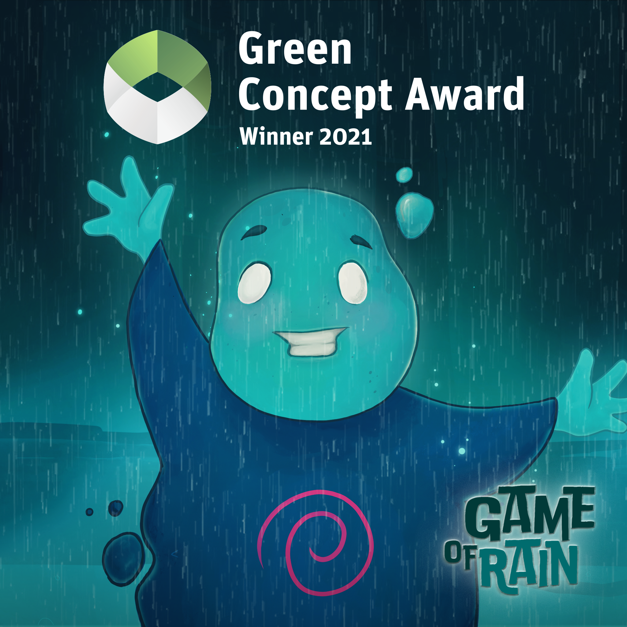 Eine Zeichentrickfigur aus blauem Wasser steht mit erhobenen Armen im Regen und verkörpert Innovation mit Bezug zur Hochschule Coburg. Der Text lautet „Green Concept Award Winner 2021“ und „Game of Rain“. Der Hintergrund ist eine dunkle, regnerische Szene.