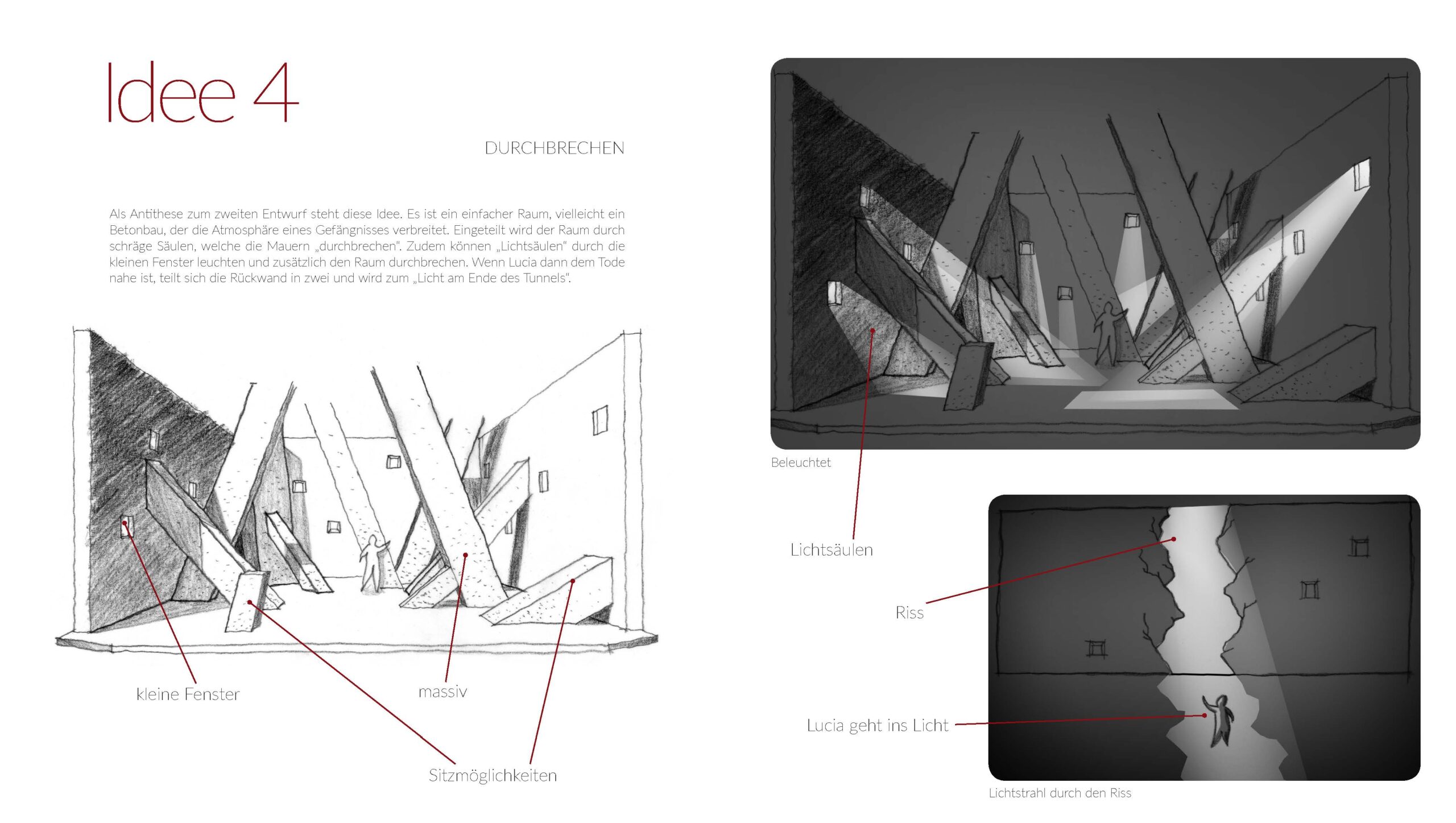 Eine Konzeptskizze mit dem Titel „Idee 4“ der Hochschule Coburg zeigt einen dunklen Raum mit gezackten, scherbenartigen Säulen. Anmerkungen heben Elemente wie kleine Fenster, massive Säulen und Lichtschächte hervor. Die Silhouette einer Person ist neben einem großen Riss positioniert.