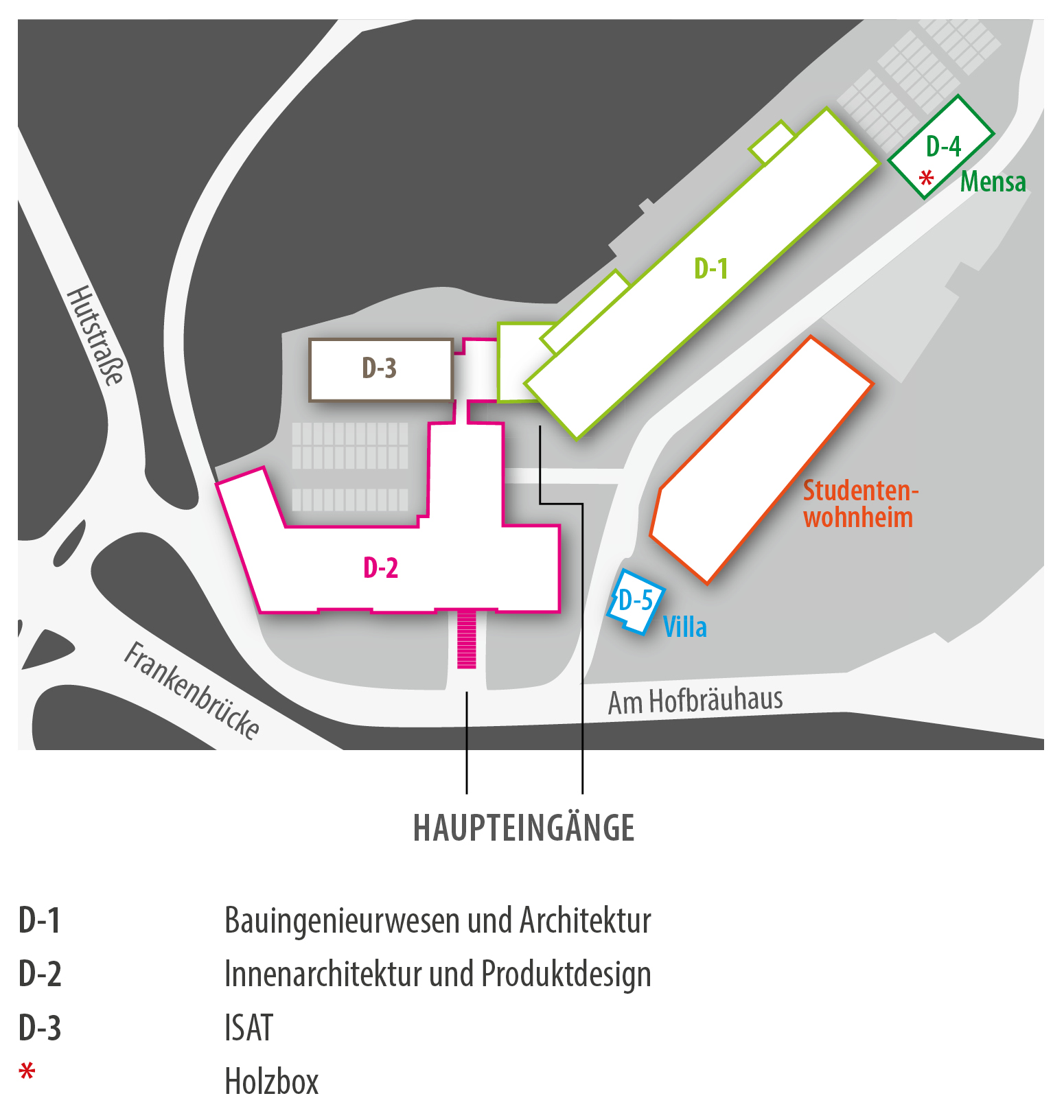 Auf dem Campusplan der Hochschule Coburg sind Gebäude mit den Bezeichnungen D-1 bis D-5 zu sehen: D-1 ist Bauingenieurwesen und Architektur, D-2 ist Innenarchitektur und Produktdesign, D-3 ist ISAT, D-4 ist Mensa und D-5 ist Villa . Das Studentenwohnheim und die Haupteingänge sind deutlich hervorgehoben.