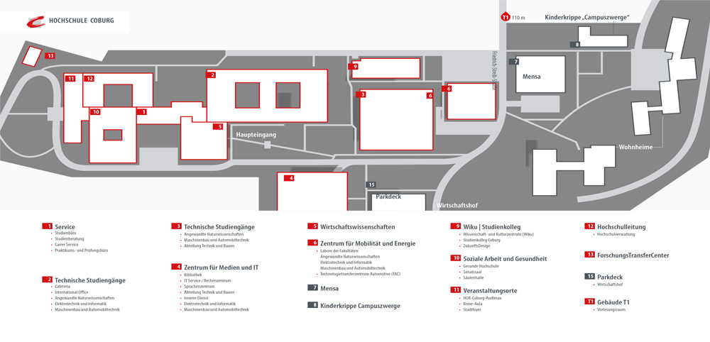 Der Campusplan der Hochschule Coburg enthält zahlreiche beschriftete Gebäude und Bereiche, darunter Service- und Lerneinrichtungen, das Mobilitätszentrum, die Mensa und Parkplätze. Wege und Eingänge sind hervorgehoben und geben einen umfassenden Überblick über die Hochschullandschaft der Hochschule Coburg.