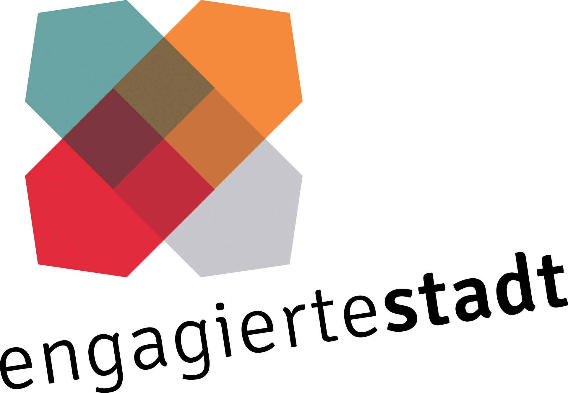 Logo mit abstraktem geometrischem Design mit überlappenden Formen in Blaugrün, Orange, Rot, Braun und Grau. Unter den Formen steht „engagiertestadt“ in Kleinbuchstaben und „stadt“ in Fettschrift. Diese Kreation spiegelt den dynamischen Geist der Hochschule Coburg wider.