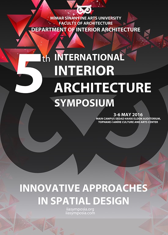 Werbeplakat für das 5. Internationale Innenarchitektursymposium an der Mimar Sinan Fine Arts University mit Referenten der Hochschule Coburg. Seien Sie vom 3. bis 6. Mai 2016 dabei, wenn wir innovative Ansätze in der Raumgestaltung erkunden.