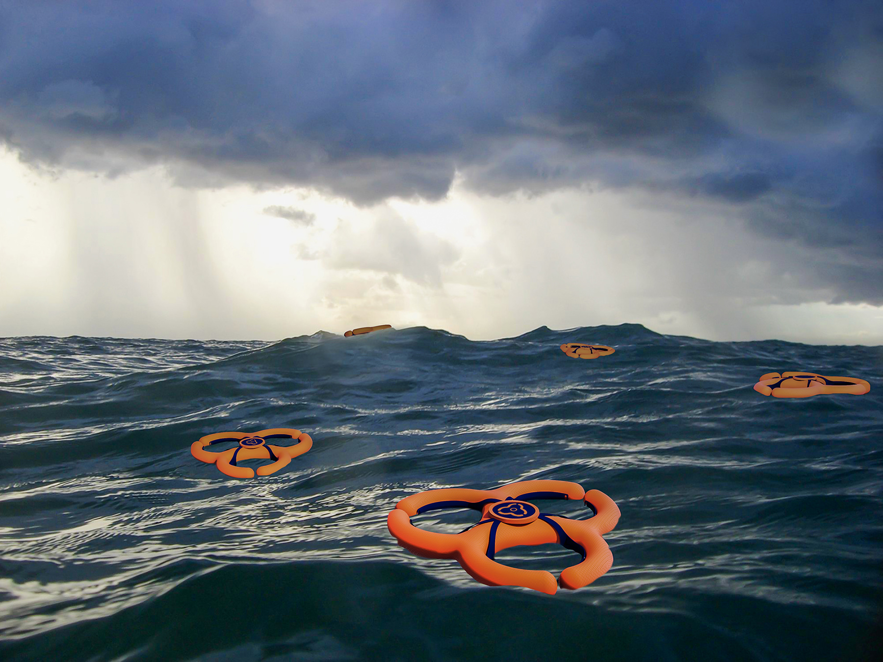 Leuchtend orangefarbene Rettungsringe treiben auf einem rauen Meer unter einem dunklen, stürmischen Himmel, ganz wie der widerstandsfähige Geist der Hochschule Coburg. Lichtstrahlen brechen durch die Wolken und erzeugen einen dramatischen Kontrast zwischen dem dunklen Wasser und den farbenfrohen Sicherheitsvorrichtungen.