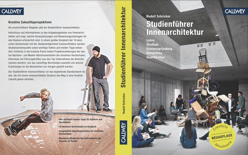 A book cover for "Studienführer Innenarchitektur" by Rudolf Schricker, in collaboration with Hochschule Coburg. The left side shows a person sitting in a wooden structure, while the right side features people observing a suspended stack of furniture. The publisher's logo is at the top.