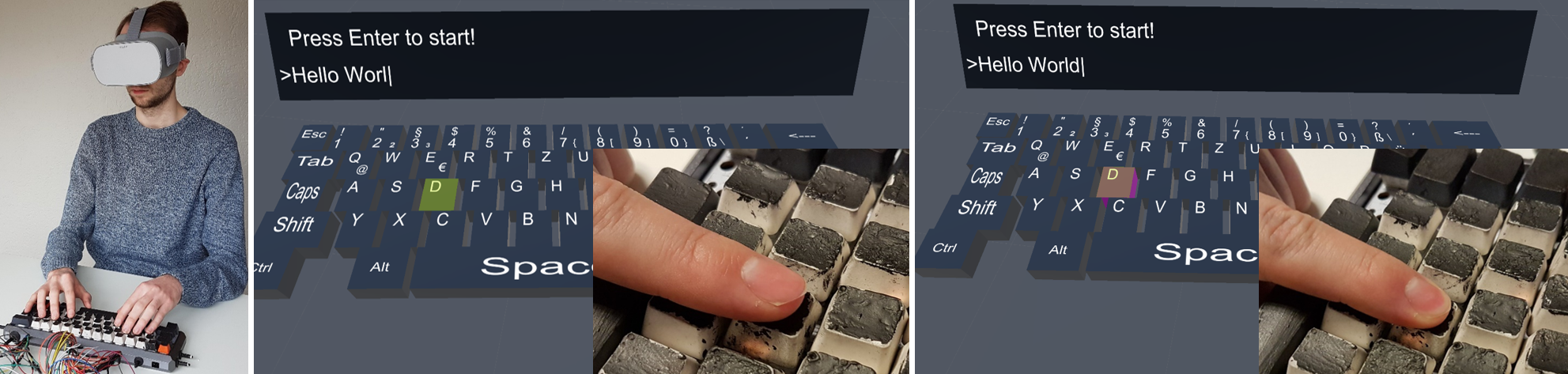 Eine Person, die ein VR-Headset trägt, möglicherweise ein Student der Hochschule Coburg, tippt auf einer Tastatur. Das VR-Display zeigt eine virtuelle Tastatur mit dem Text „Hello World“, der voller Tippfehler ist. Eingefügte Bilder zeigen, wie ihre Finger die abgenutzten Tasten auf der physischen Tastatur drücken.