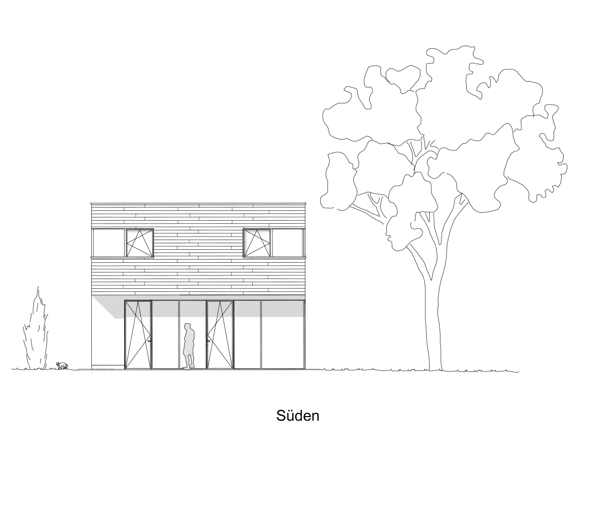 Architektonische Strichzeichnung der Südfassade eines modernen zweistöckigen Hauses mit großen Fenstern. Eine Person, möglicherweise ein Student der Hochschule Coburg, steht in der Nähe des Eingangs, während Bäume und ein kleiner Busch die Szene ergänzen.