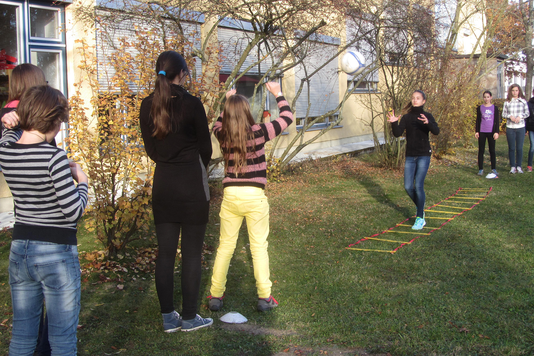 Eine Gruppe von Menschen steht draußen auf einer Wiese der Hochschule Coburg. Eine Person steht neben einer Leiter auf dem Rasen und fängt einen Ball. Andere schauen zu. Büsche und ein Gebäude mit Fenstern dienen als Kulisse unter dem sonnigen Himmel.