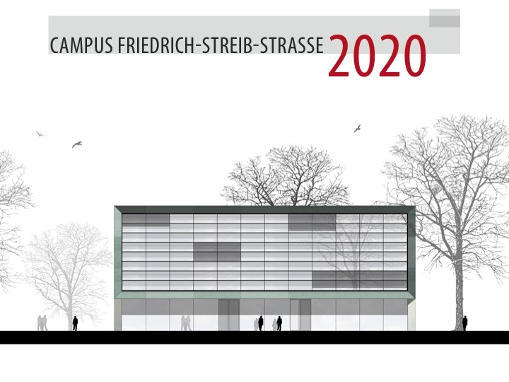 Architektonische Darstellung des modernen Gebäudes der Hochschule Coburg mit der Aufschrift „Campus Friedrich-Streib-Straße 2020“. Das Design zeigt eine schlanke, rechteckige Struktur mit großen Fenstern vor einer Kulisse kahler Bäume und einiger Vögel im Flug.