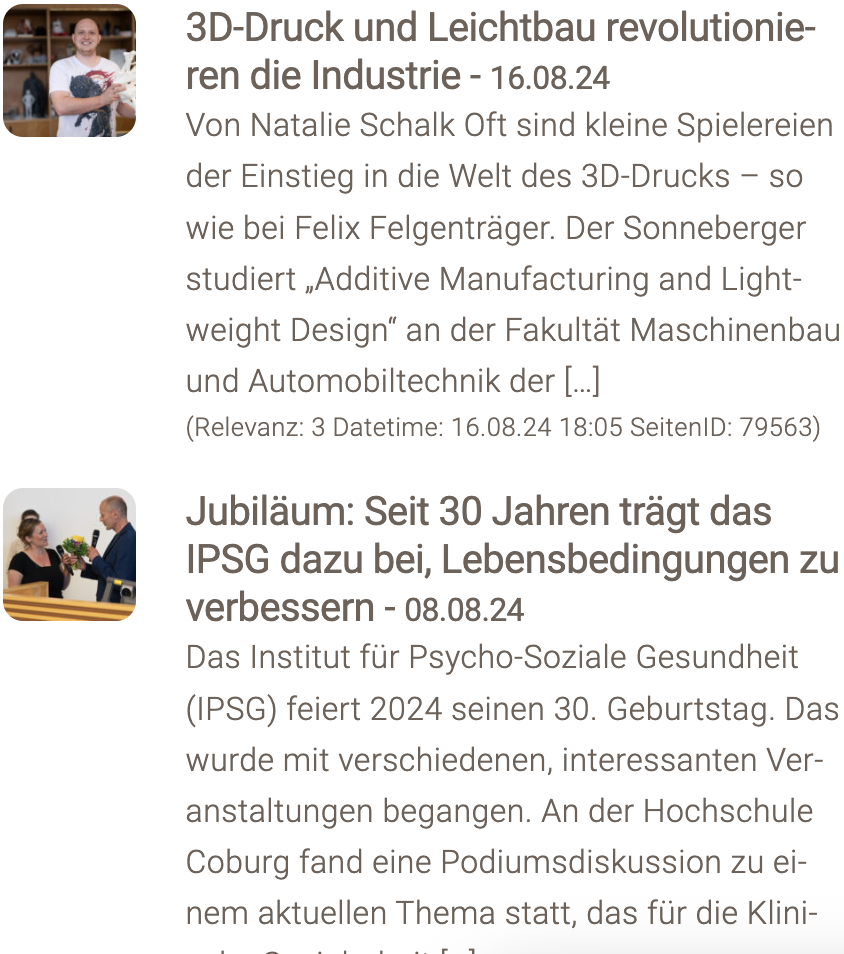 Screenshot showcasing two event headlines from the Hochschule Coburg page. The first highlights 3D printing and lightweight construction in industry, while the second celebrates 30 years of an institute dedicated to psycho-social health. Both descriptions are in German, reflecting academic innovation and legacy.