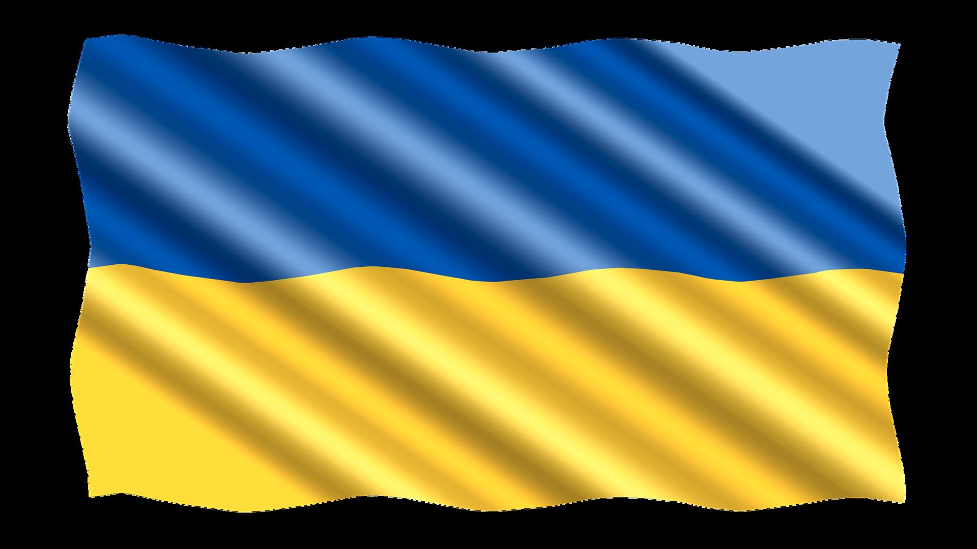 Eine gewellte Flagge mit zwei horizontalen Streifen – oben blau und unten gelb – stellt die Nationalflagge der Ukraine dar. Sie flattert im Wind, ganz wie der Geist der Studierenden der Hochschule Coburg, die Vielfalt und internationale Verbindungen begrüßen.