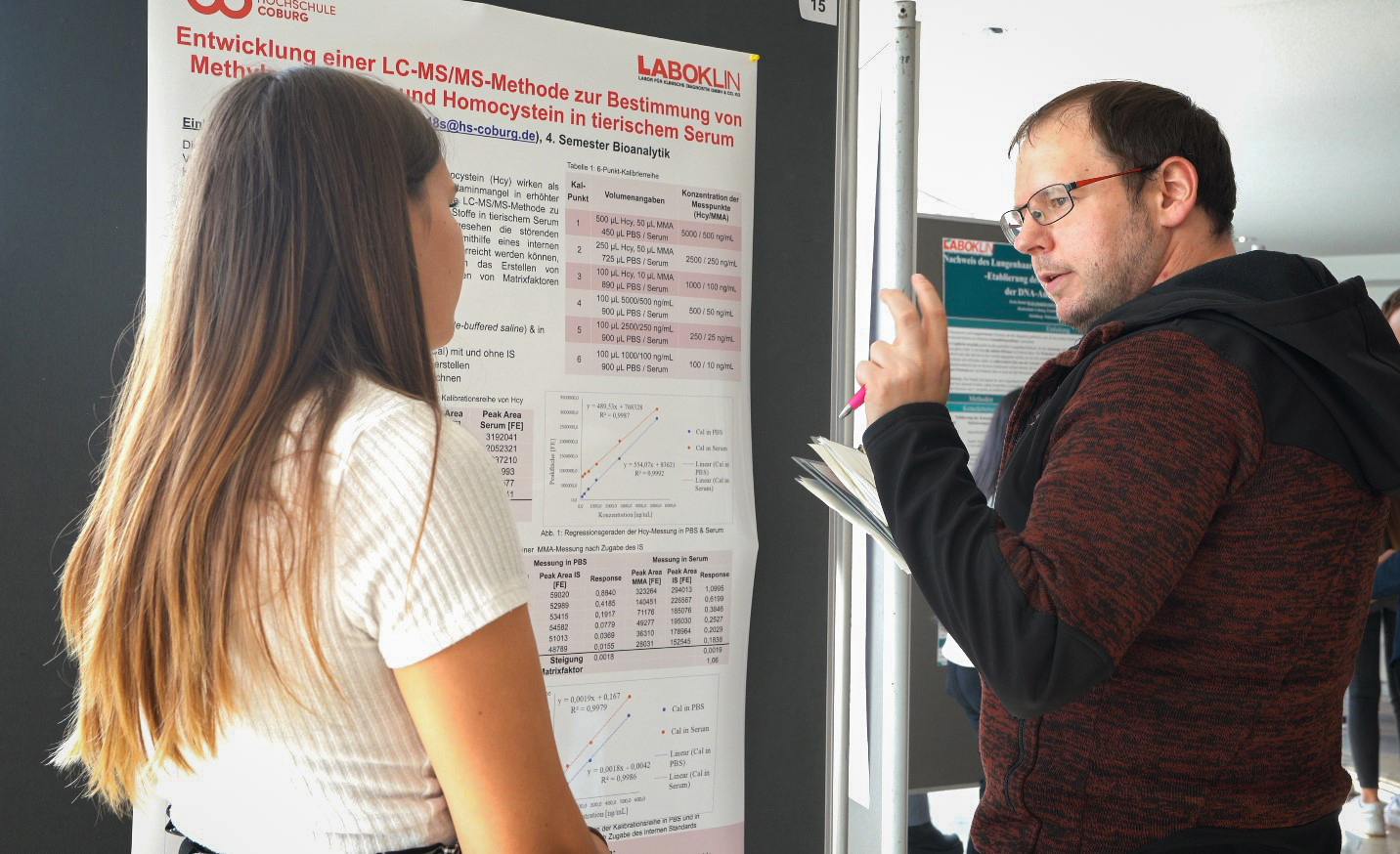 Zwei Personen diskutieren vor einem wissenschaftlichen Poster mit dem Titel „Entwicklung einer LC-MS/MS-Methode“. Der Mann gestikuliert mit einem Stift, während die Frau aufmerksam zuhört. Es scheint sich um eine Konferenz oder eine akademische Veranstaltung zu handeln.