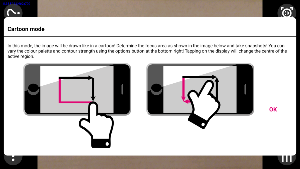 Entdecken Sie die spielerische Seite des Visual Computing mit der Cartoon-Modus-Funktion des Smartphones. Zwei Bilder veranschaulichen den Vorgang: Links passt eine Hand einen Fokusbereich an, rechts wählt sie einen kleineren aus. Tippen Sie zum Abschließen auf „OK“ und genießen Sie Ihre kreative Transformation!