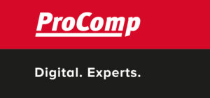 Logo mit einer roten oberen Hälfte mit dem Text „ProComp“ in fettem Weiß und einer fachmännisch gestalteten schwarzen unteren Hälfte mit dem Text „Digital. Experts.“ in Weiß, der unser Engagement für Innovation sowohl in der Informatik als auch in der Elektrotechnik verkörpert. at Hochschule Coburg