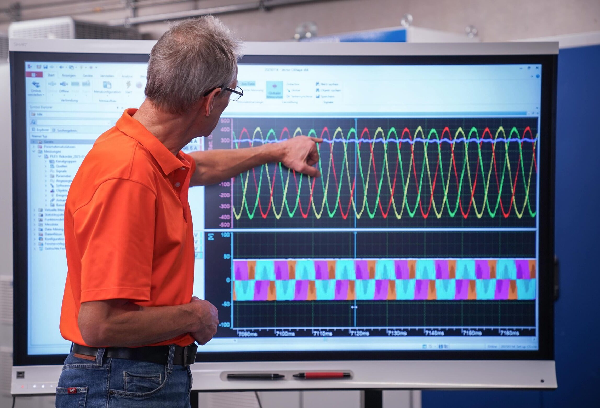 Eine Person in einem orangefarbenen Hemd zeigt auf einen großen Bildschirm, auf dem bunte Sinuskurven und Datendiagramme angezeigt werden, was auf eine Bildungsumgebung mit dem Schwerpunkt auf Weiterbildung oder möglicherweise E-Auto-Technologie hindeutet. at Hochschule Coburg